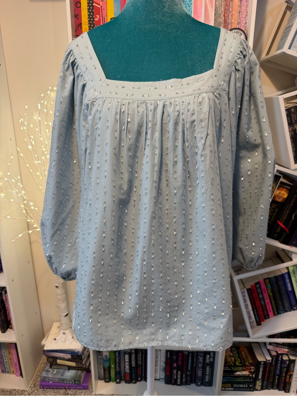 LC Lauren Conrad Light Blue Square-Neck Tunic with Silver Metallic Dots